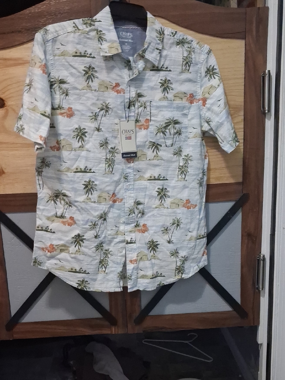 Chaps White Tropical Palm Short-Sleeve Camp Shirt with Green & Orange Print